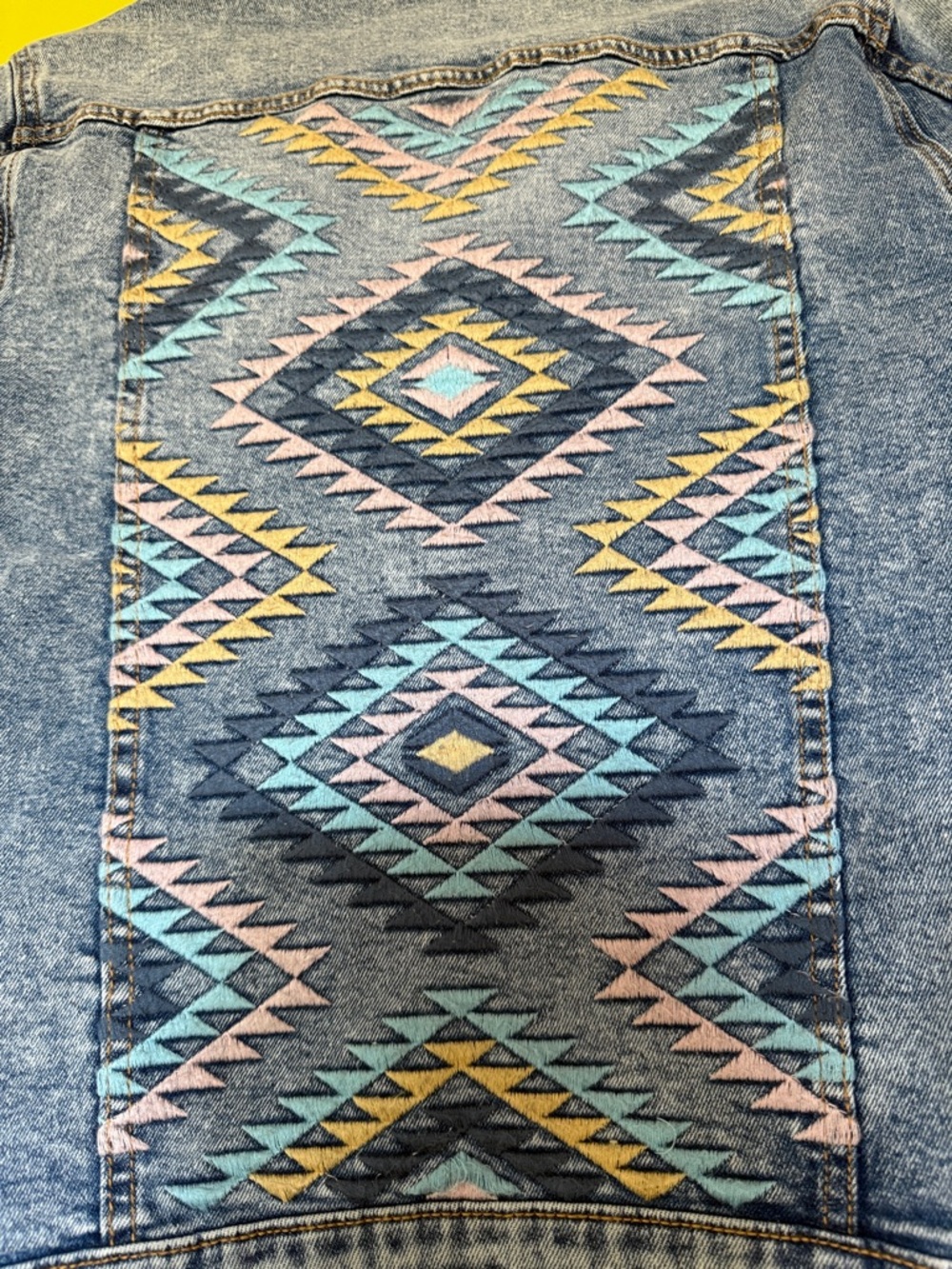 DRIFTWOOD Blue Denim Jacket with Multicolor Aztec Detail Small - Picture 4 of 9